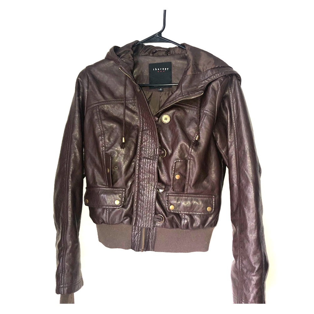 Faux Leather Jacket with Hood